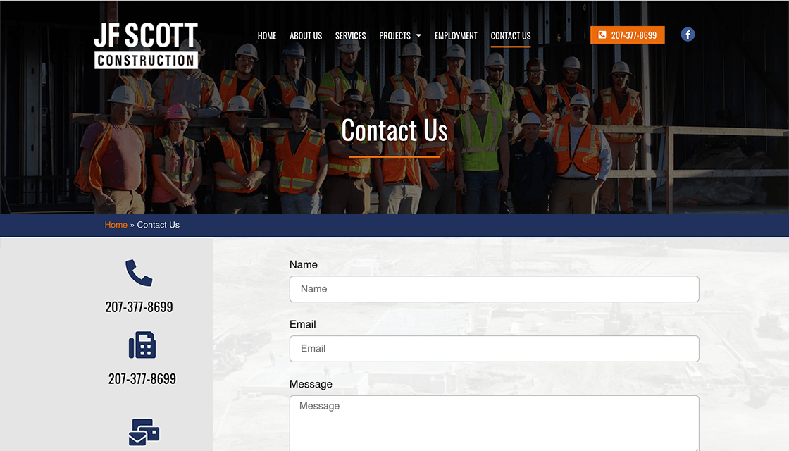 jf scott commercial construction desktop website contact form