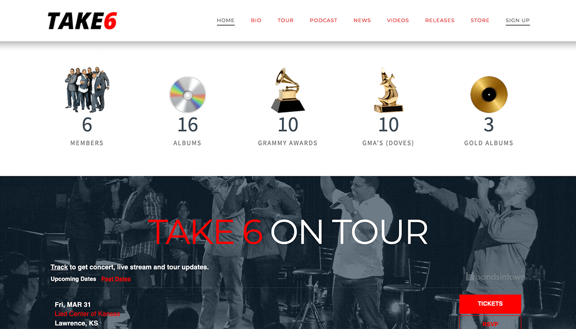 take 6 desktop website awards tour page