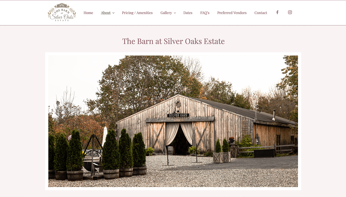 the barn at silver oaks estate desktop website about page