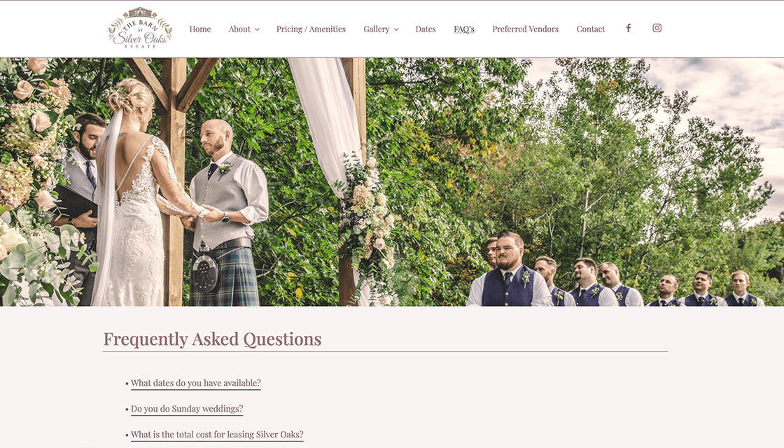 the barn at silver oaks estate desktop website frequently asked questions page