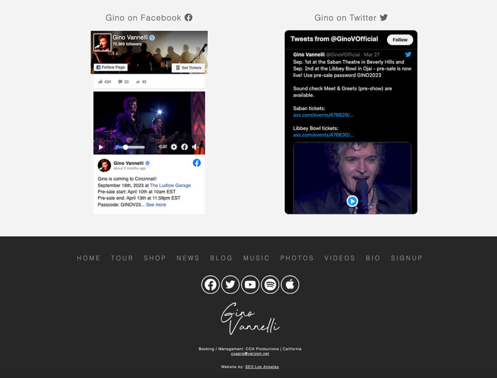 screenshot of gino vannelli's facebook and twitter feeds on his website